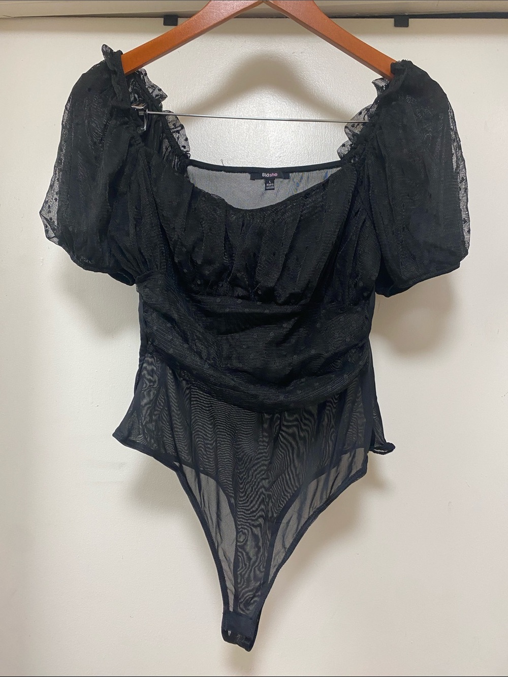 Boohoo Black Puff-Sleeve Mesh Bodysuit with Sweetheart Neckline